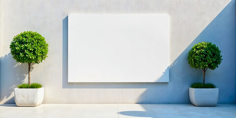 Fototapeta premium Modern outdoor space with small trees and blank wall inviting creativity