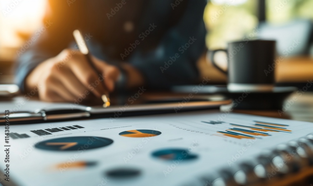 Poster a person analyzing data with charts and graphs in a business setting.