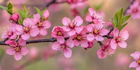 Obraz premium Pink flowers bloom on an almond tree branch during spring, creating a stunning display. The vibrant pink flowers of the almond tree branch enhance the beauty of the spring season.