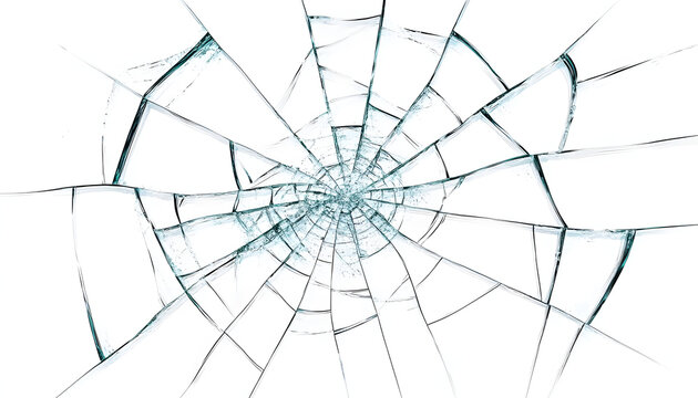 Photo of broken glass with cracked texture on a white background. 
