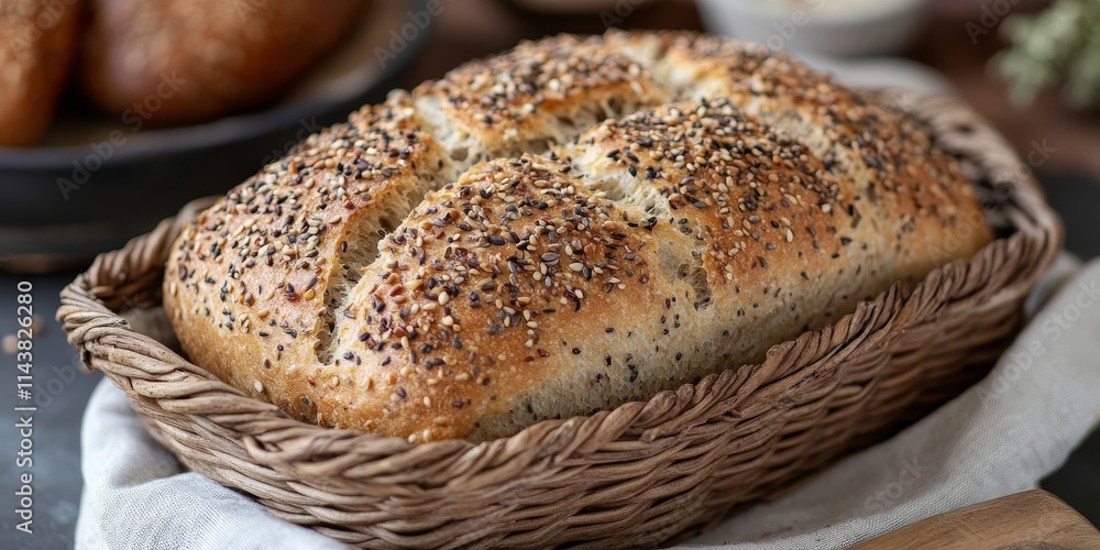 Aufkleber Seed and nut crusted bread loaf displayed in a basket, showcasing the delicious combination of seeds and nuts that create a unique texture and flavor in this bread loaf.