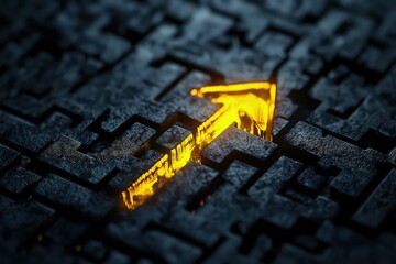 A luminous yellow arrow shooting upward, cutting through a maze of black arrows on a dark textured background, highlighting leadership in business strategy and stock market growth.