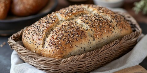 Seed and nut crusted bread loaf displayed in a basket, showcasing the delicious combination of seeds and nuts that create a unique texture and flavor in this bread loaf.