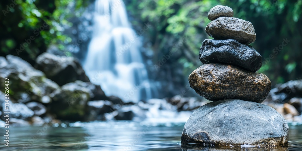Aufkleber Selected focus on rocks featuring a picturesque waterfall in the background, creating a stunning visual of nature s beauty with rocks and water perfectly complementing each other.