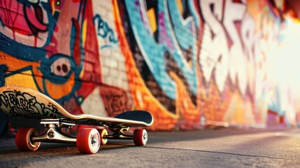 Skateboard by a graffiti wall, medium shot emphasizing the urban vibe and colorful background, natural sunlight.
