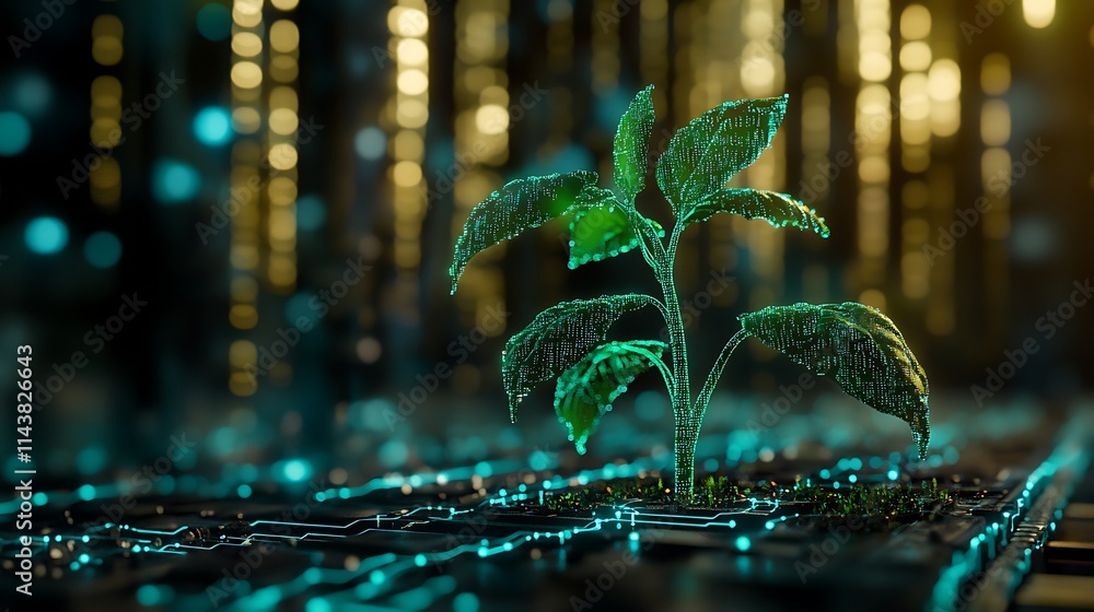Aufkleber futuristic plant growth concept with circuit patterns and glow in a technological environment
