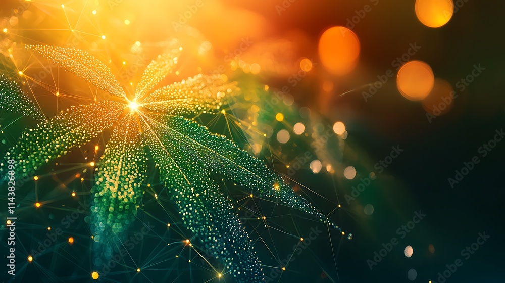 Poster glowing leaf with digital particles and bright bokeh lights in abstract nature background