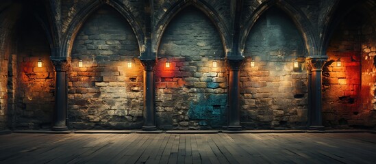 Interior of the medieval castle with candles and wooden floor. Medieval Castle Corridor