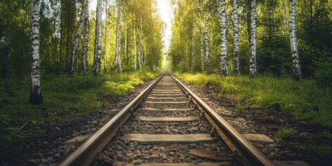 Fototapeta premium Summer railroad tracks surrounded by a birch forest create a picturesque scene. This vintage effect enhances the charm of the railroad tracks amidst nature s beauty in the summertime.