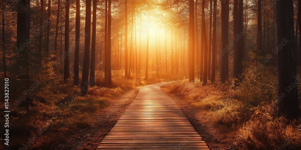 Poster A serene brown wooden path leads into the distance, framed by the warm glow of the setting sun. Misty rays of sunlight filter through towering pines, creating a tranquil atmosphere in this vertical