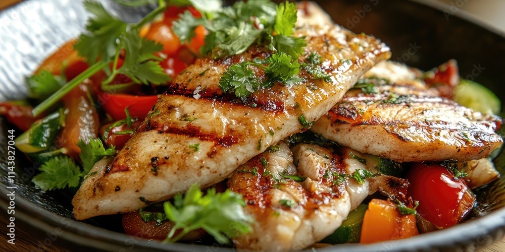 Poster herb infused fried carp slices served with a colorful mix of vegetables in a dish. this dish showcas