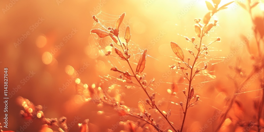 Aufkleber Abstract autumn background featuring orange dry plants at sunrise, adorned with delicate webs. This vintage retro image captures the essence of autumn in a unique and artistic way.