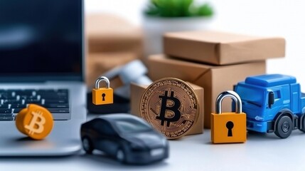 Bitcoin and cryptocurrency technology concept with various digital finance and blockchain related equipment and devices such as a Bitcoin coin locks and a delivery truck  Representing the secure