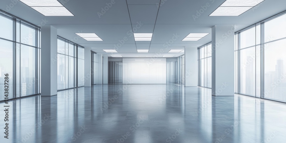 Aufkleber Modern empty office interior featuring a sleek design with an open white ceiling. The cool tone of the modern office creates a contemporary and spacious atmosphere for various uses.
