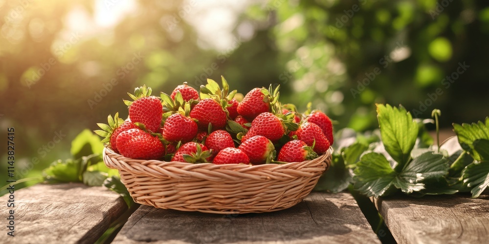 Aufkleber fresh strawberries in a basket on a wooden table surrounded by a natural setting. these delightful s