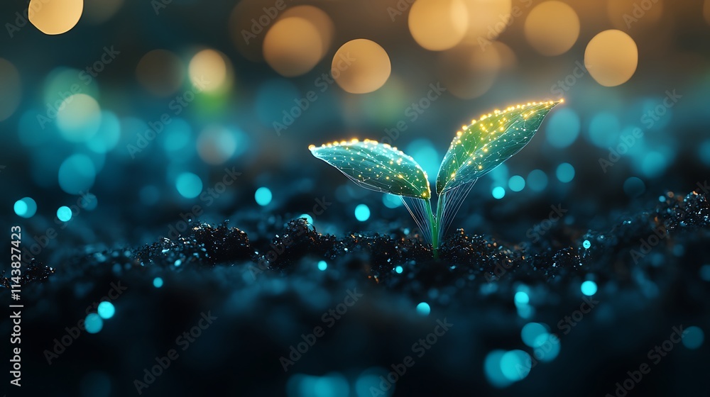 Poster glowing seedling emerges from dark soil surrounded by twinkling lights and soft bokeh