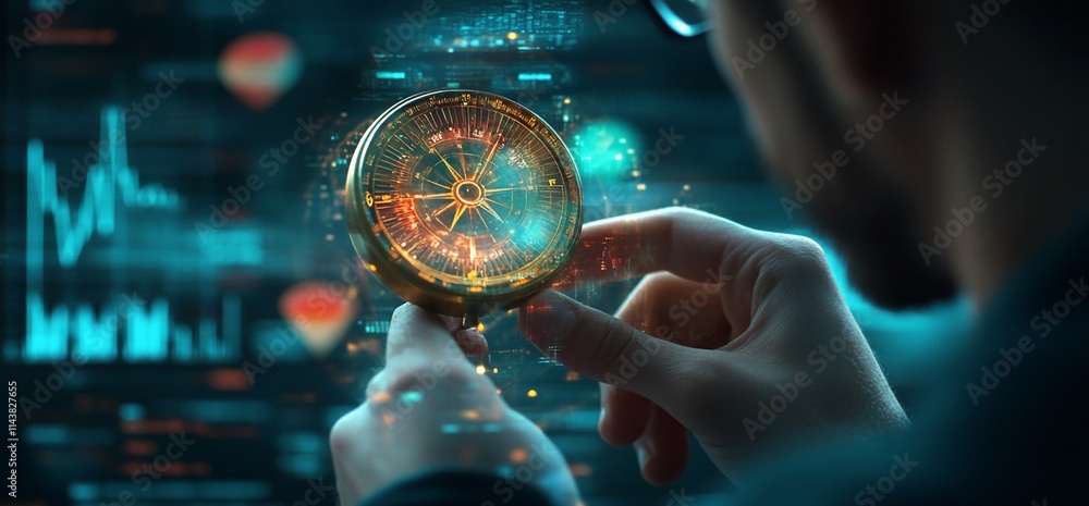 Poster a person examining a glowing compass over digital data and graphs.
