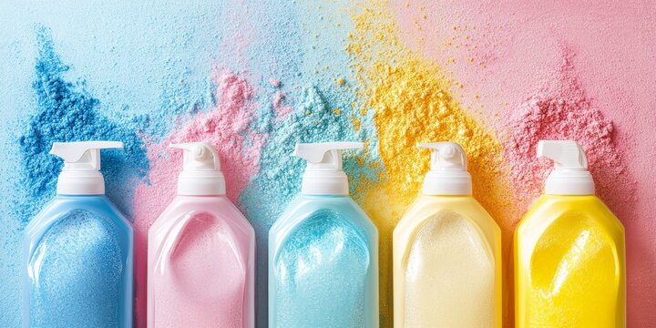 Laundry detergents in powder form create a vibrant background for laundry day mockups, emphasizing the effectiveness of laundry detergents in keeping clothes fresh and clean.