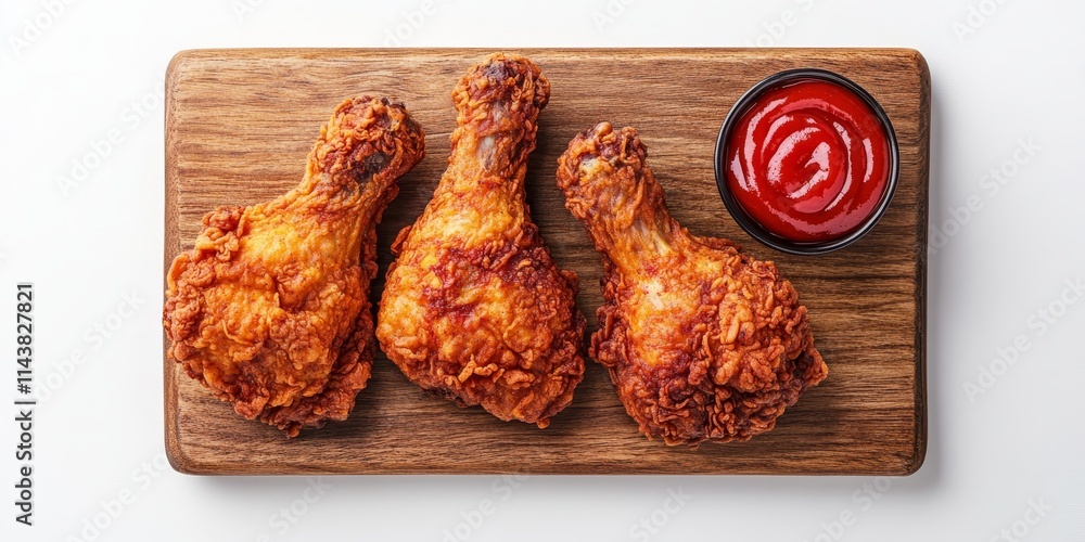 Poster Fried chicken served with ketchup on a wooden board, captured from a top view, showcases the deliciousness of fried chicken and its perfect pairing with ketchup against a clean white backdrop.