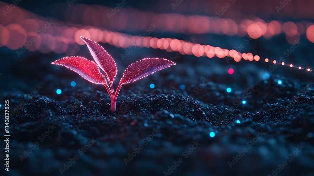Aufkleber glowing seedling in dark soil with colorful light dots and soft bokeh background effects