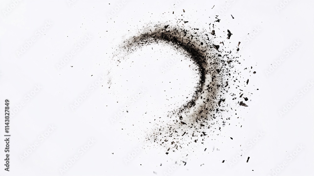Poster a dynamic swirl of dark dust particles against a clean white background, creating an abstract visual