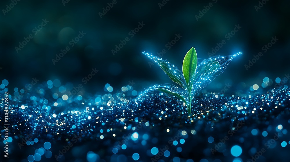 Poster glowing seedling emerging from soil with sparkling particles in a dreamy environment