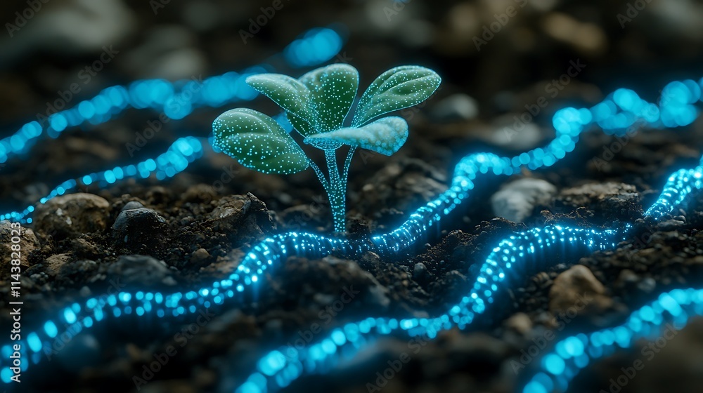 Poster glowing seedling sprouting from soil with blue light trails in a dark environment