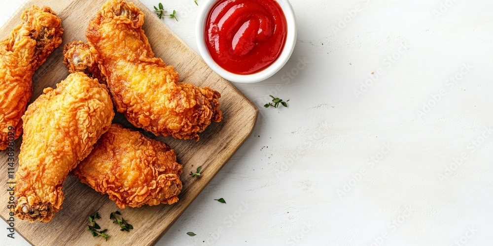 Poster Fried chicken served with ketchup on a wooden board, captured from a top view, showcases the deliciousness of fried chicken and its perfect pairing with ketchup against a clean white backdrop.