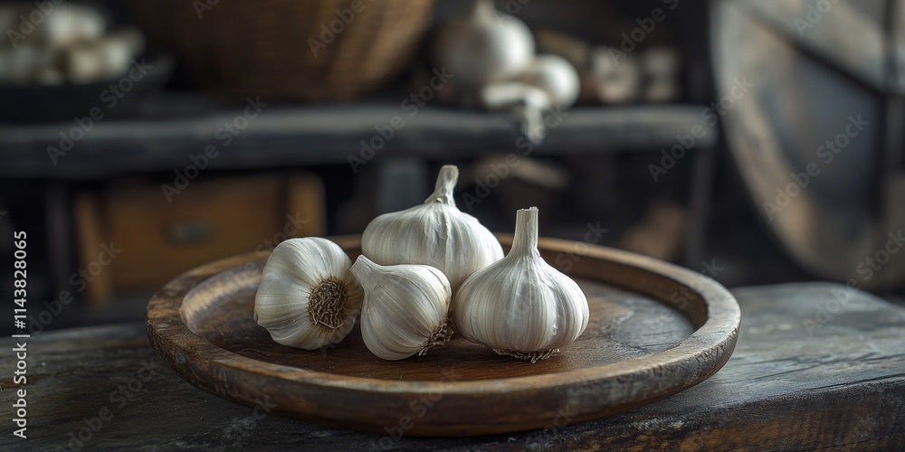 Poster Close up of garlic displayed on a wooden plate amidst a rustic background, featuring shallow depth of field and selective focus to highlight the intricate details of garlic in macro photography.