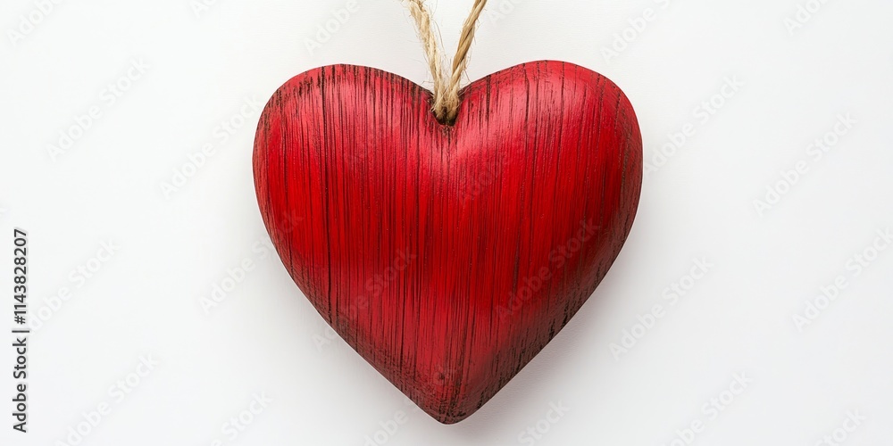 Poster red wooden heart with string set against a white background, creating a vibrant contrast this red wo