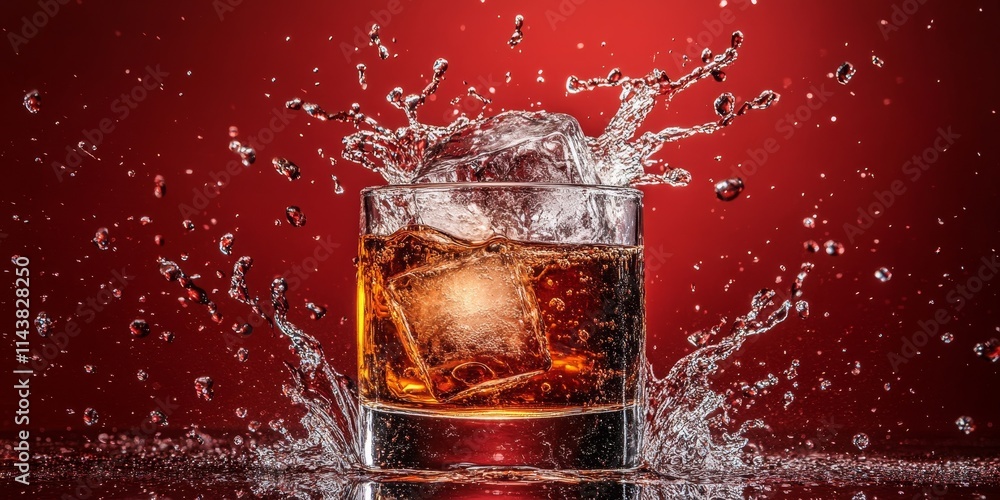 Poster Ice cube making a splash in a glass of refreshing drink, creating a cooling effect and enhancing the enjoyment of a tasty refreshment with each ice cube added.