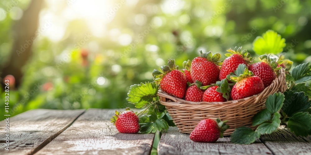 Poster fresh strawberries in a basket on a wooden table surrounded by a natural setting. these delightful s