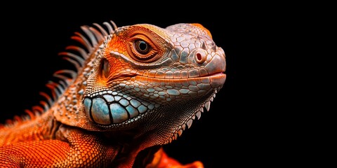 Fototapeta premium Close up of a smiling reptile, featuring an orange and green iguana, captured in isolation against a black background, showcasing the amusing characteristics of this funny animal.