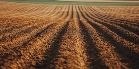 Fototapeta premium Plowed agricultural field prepared for grain sowing, showcasing a well structured plowed field during the summer season, ideal for showcasing agricultural practices and processes.