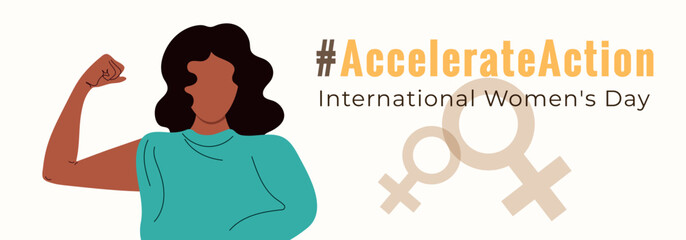 AccelerateAction banner. #Accelerateaction 2025. International Womens Day background in flat style. Faceless Womens with hand. 8 March Day. Modern isolated vector illustration.