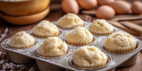 Muffin dough prepared in molds on a wooden table, showcasing the process of creating delicious muffins with the fresh muffin dough. Perfect for baking enthusiasts and culinary presentations.