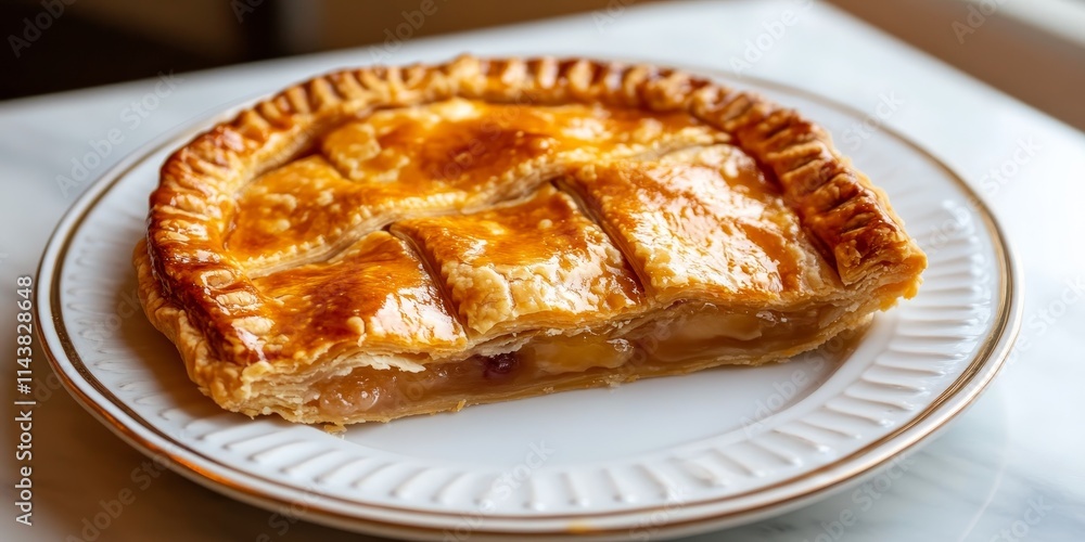 Poster handmade fruit hand pie with a golden crust rests on a white plate, showcasing its delightful textur