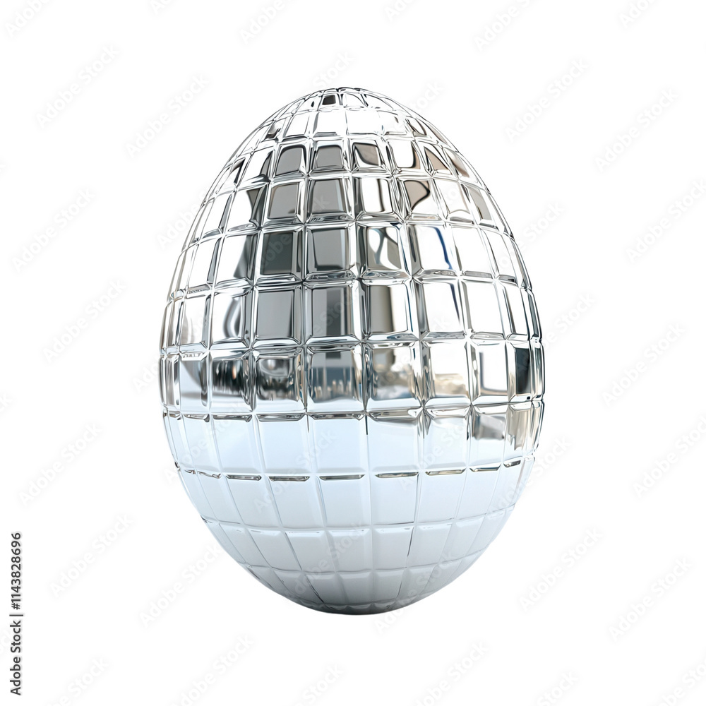 Poster a reflective disco ball-shaped egg featuring a grid pattern, combining elements of fun and elegance.
