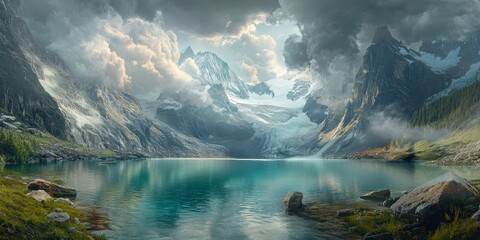 Dramatic alpine scenery features storm clouds looming over a stunning glacier lake, showcasing the breathtaking beauty of alpine landscapes and their natural charm. Perfect for alpine enthusiasts.