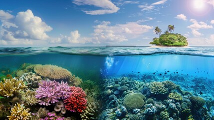 Naklejka premium Split view of a tropical island and an underwater coral reef, vibrant colors both above and below the water. Bright natural light.