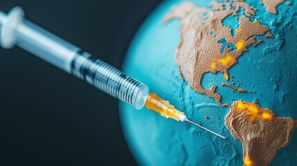 A syringe injecting vaccine-like liquid into a globe, symbolizing global health initiatives and vaccination efforts.