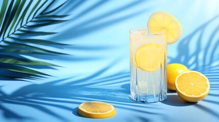 Refreshing lemonade in a glass with fresh lemon slices on a bright blue background, surrounded by lemons and palm leaves.