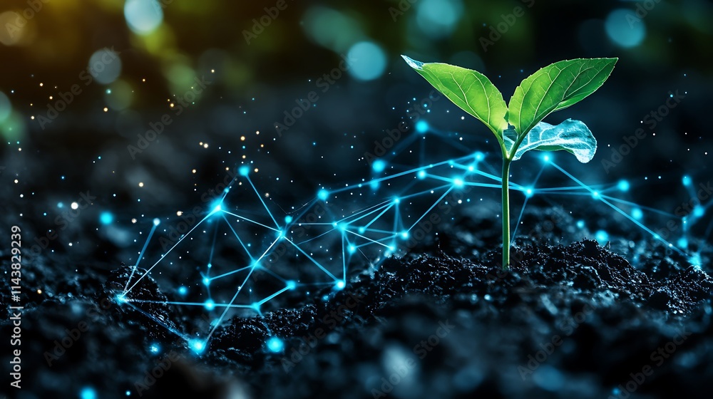 Aufkleber green plant emerging from soil with digital network connection and technology visualization