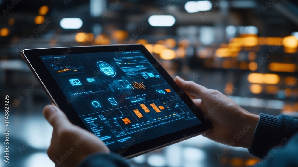 Poster a person holds a tablet displaying data analytics and digital interfaces.