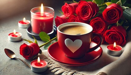 Fototapeta premium Red coffee cup with a heart on it sits on a table with a lit candle and a bunch of red roses. The scene conveys a romantic and intimate atmosphere