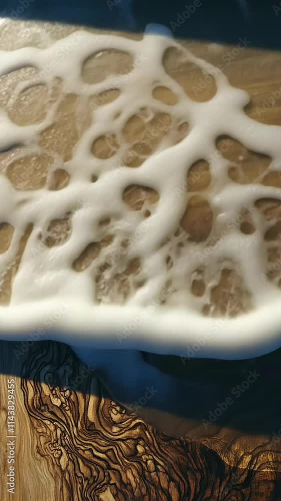 Poster beautiful foam patterns creating intricate designs on a wet wooden surface during a sunny afternoon