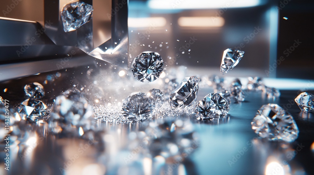 Poster an explosion of sparkling diamonds scattering on a reflective surface, creating a dazzling visual sp