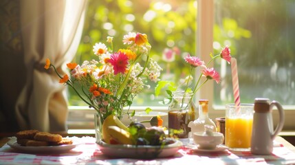 Sunny breakfast table with fresh flowers, medium shot showcasing the vibrant and cheerful morning setup, natural sunlight.