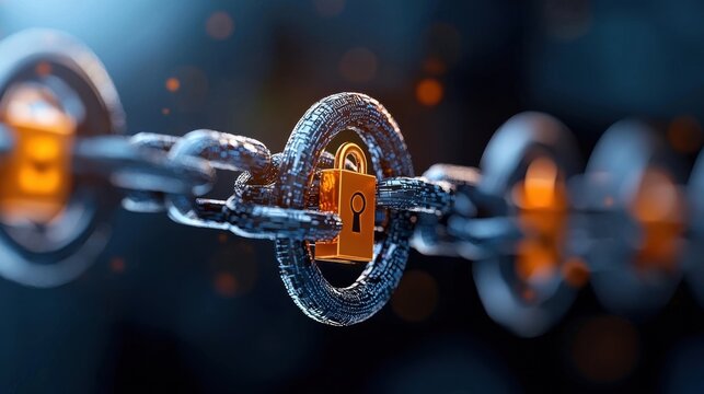 Secure locked chain in dark moody lighting providing reliable protection and safety through a symbolic technological mechanism and digital security concept