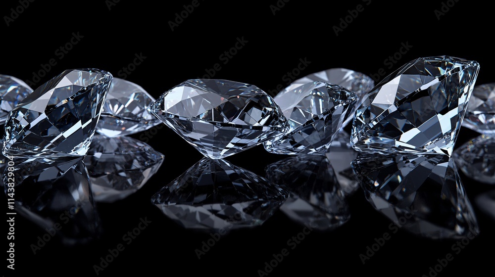 Poster a stunning array of sparkling diamonds reflecting on a dark surface.